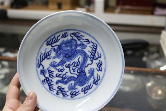A Chinese blue and white dragon dish, diameter 16.3cm, some damage